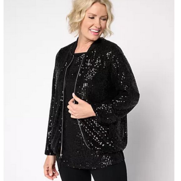 JINGLE BELLES BY KIM GRAVEL Women's Zip Up Sequin Bomber Jacket Size XL In Black - Picture 1 of 8